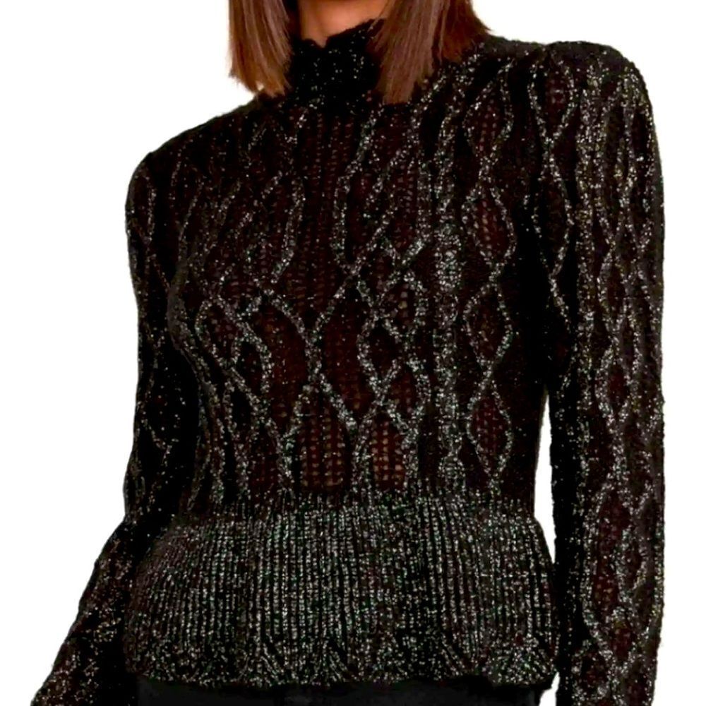EXPRESS Ruffle Mock Neck Pointelle Peplum Black Sweater Size Small NWT 🏳️
